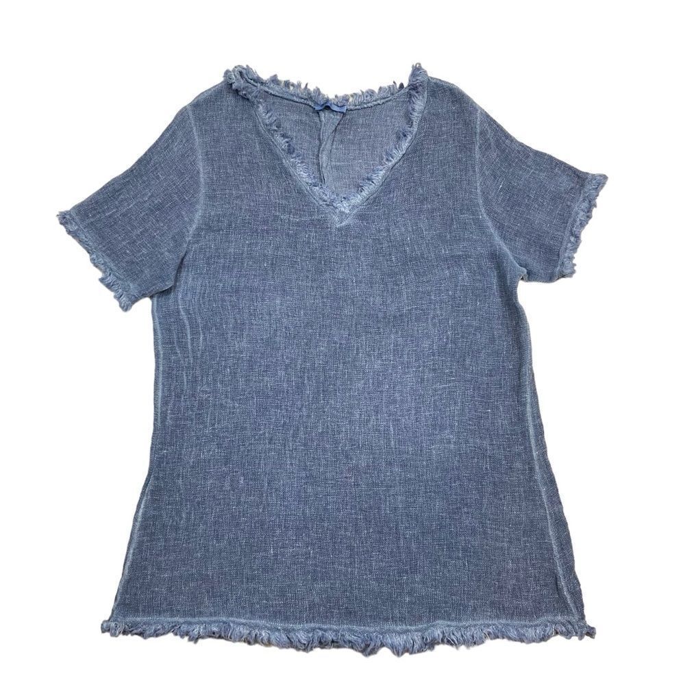 Ladies Venti6 Linen Blend Blue V Neck Raw Hem‎ Blouse Size Medium